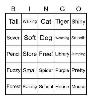 Adjectives, Noun, Verbs Bingo Card