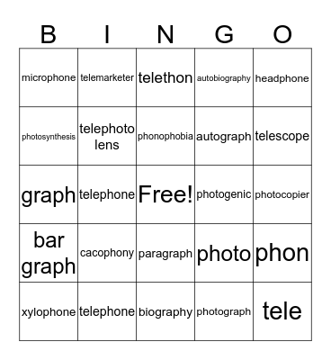 graph, tele, photo, phon Bingo Card