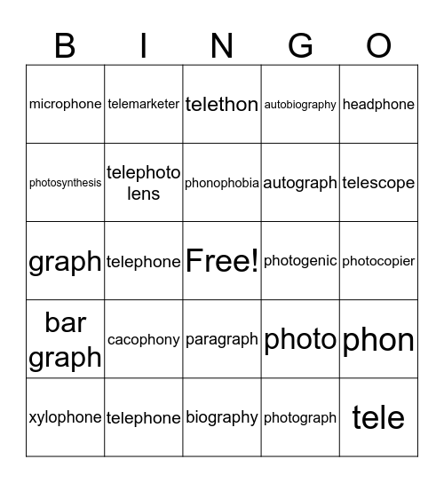 graph, tele, photo, phon Bingo Card