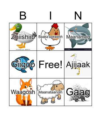 Ojibwe Bingo - Animals Bingo Card