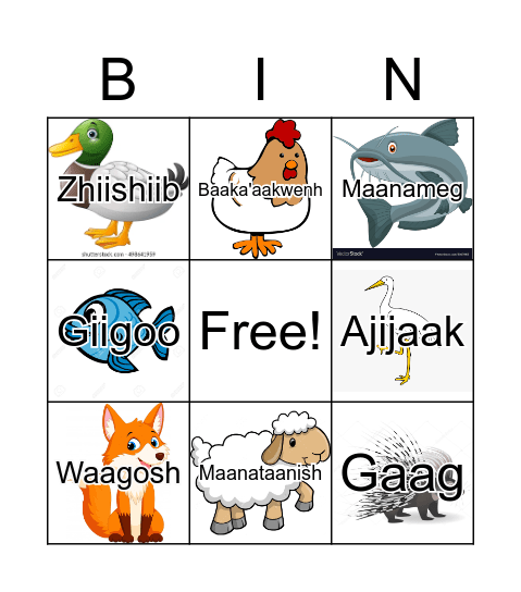 Ojibwe Bingo - Animals Bingo Card
