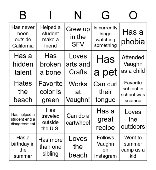 Vaughn Summer Camp Bingo Card