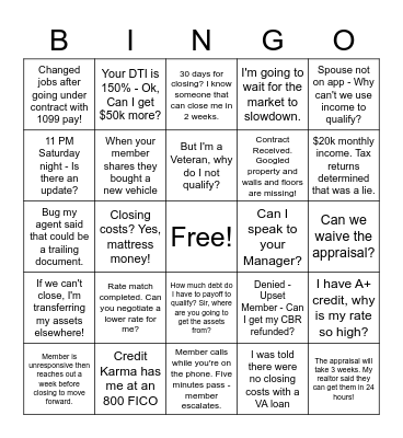 Mortgage Bingo Card