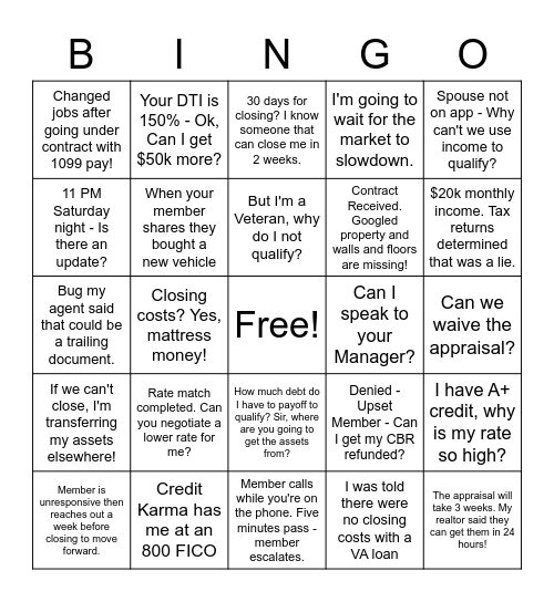 Mortgage Bingo Card