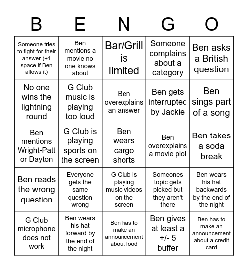 BEN BINGO 16 JUNE 2022 Bingo Card