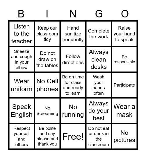 Classroom rules Bingo Card
