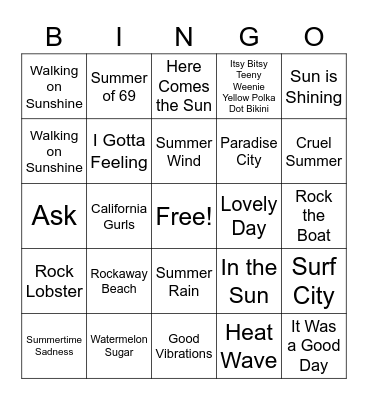 Summer Songs Bingo Card