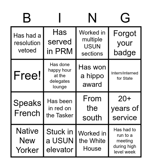 USUN Bingo - Find Someone Who... Bingo Card