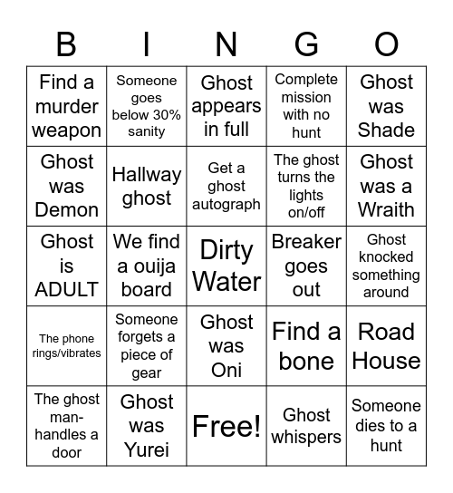 PhasmoPHOBIA Bingo Card