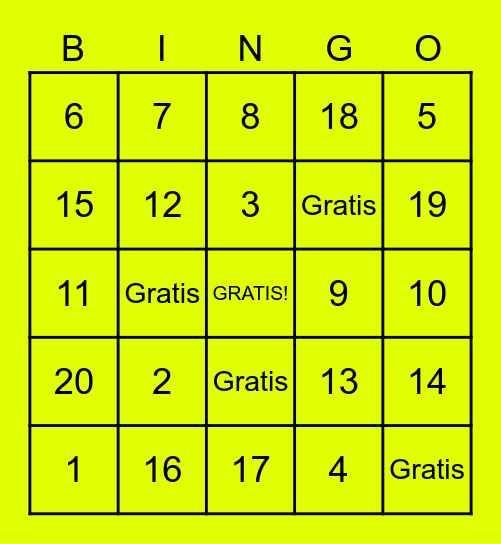 NUMEROS Bingo Card