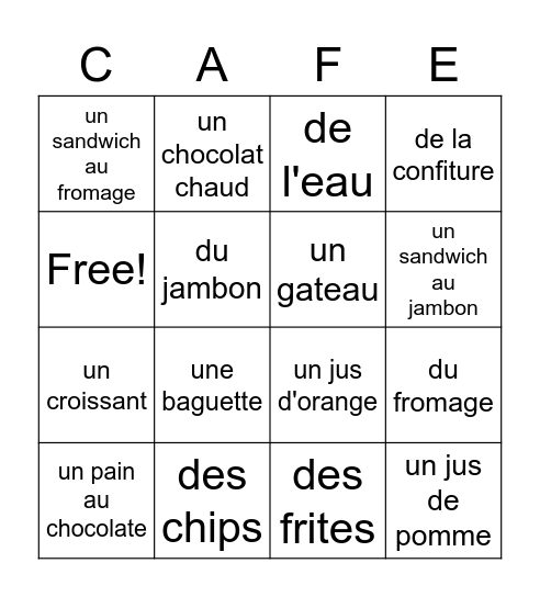 French Café food Bingo Card