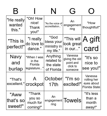 Chris and Vanessa's Wedding Shower Bingo Card