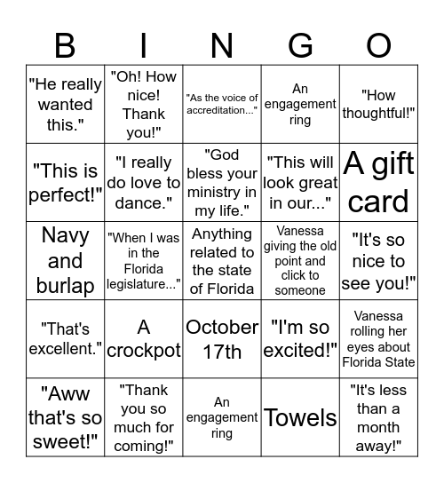 Chris and Vanessa's Wedding Shower Bingo Card