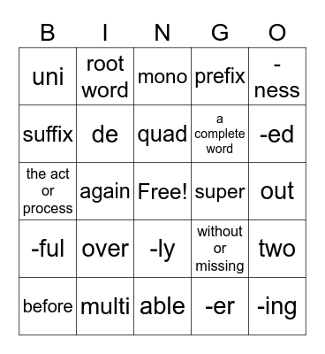 Parts of Words Bingo Card