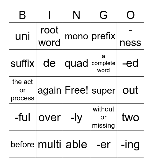 Parts of Words Bingo Card