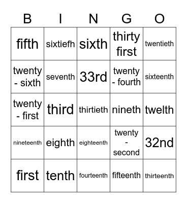 ordinal numbers Bingo Card