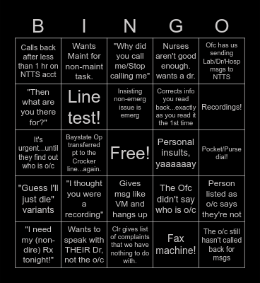 Answering Service Bingo Card