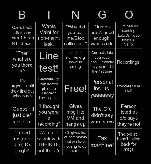 Answering Service Bingo Card