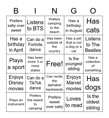 First Day Bingo Card