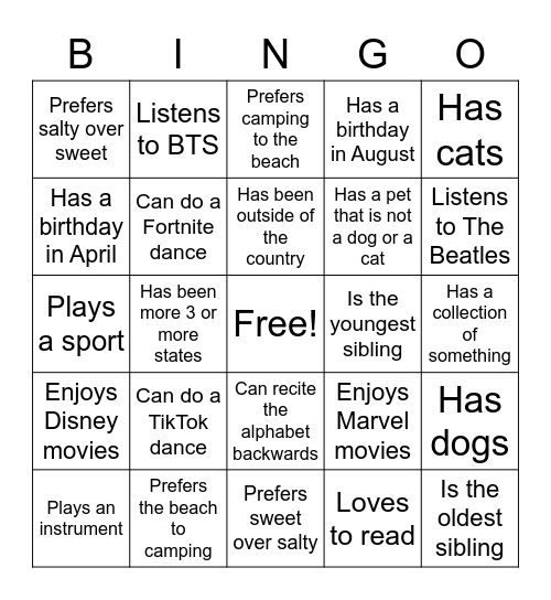 First Day Bingo Card