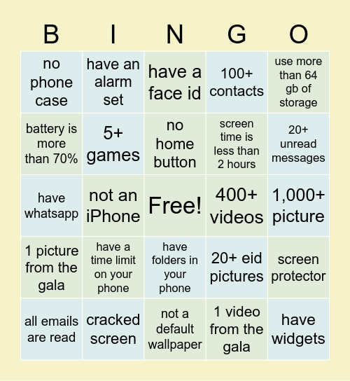 What's On Your Phone Bingo Card
