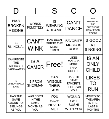 ICE BREAKER BINGO: FIND SOMEONE WHO... Bingo Card