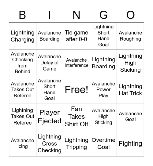 Avalanche vs Lightning Bingo Card