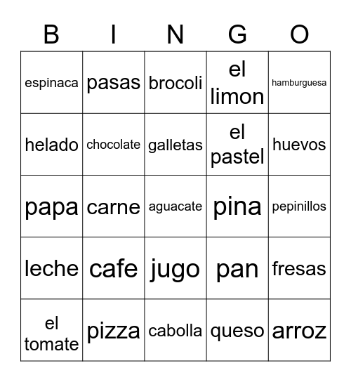 Loteria de Comida Bingo Card