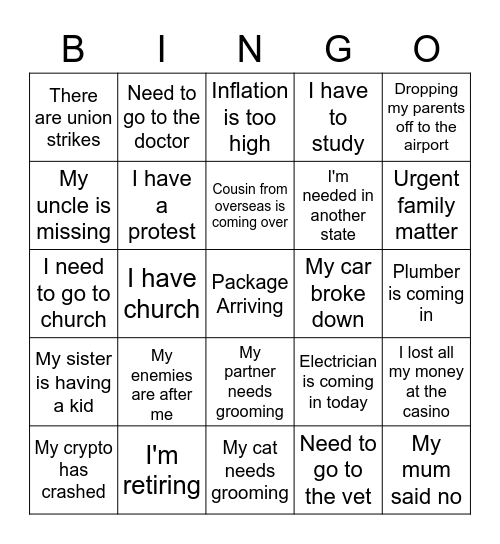 Get out of office Bingo Card