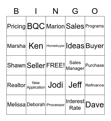 Purchase Money Bingo Card