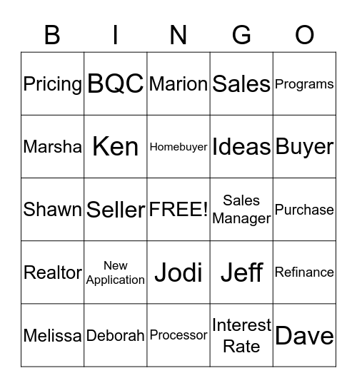 Purchase Money Bingo Card