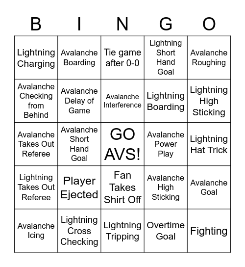 Avalanche vs Lightning Bingo Card