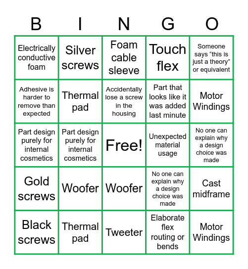 Teardown Bingo Card