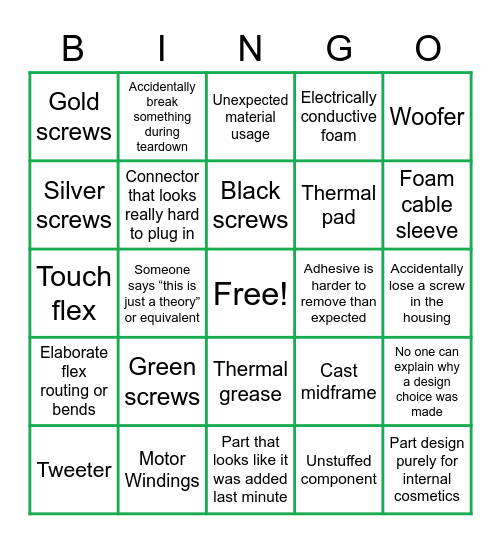 Teardown Bingo Card