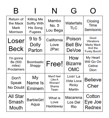 90s Music Bingo Card