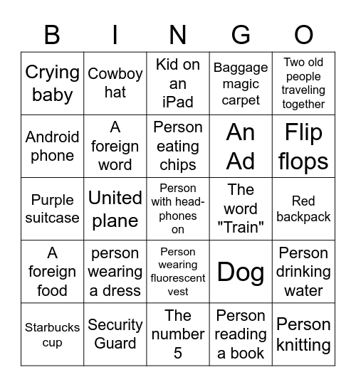 Airport Visual Bingo Card