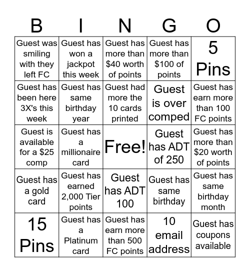 Fan Club Bingo Card