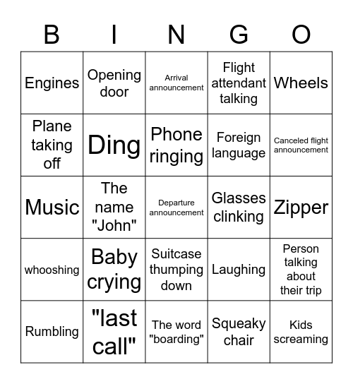 Airport Auditory Bingo Card