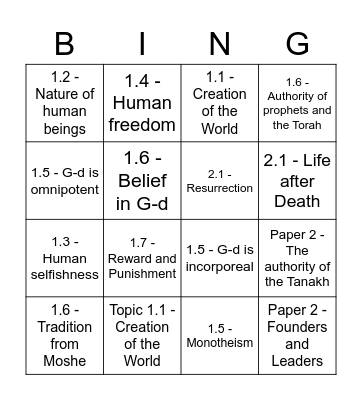 Thirteen Principles of Faith Bingo Card