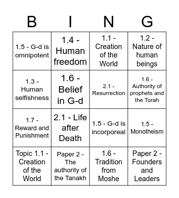 Thirteen Principles of Faith Bingo Card