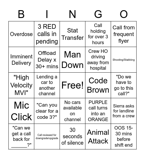 Dispatch Bingo Card