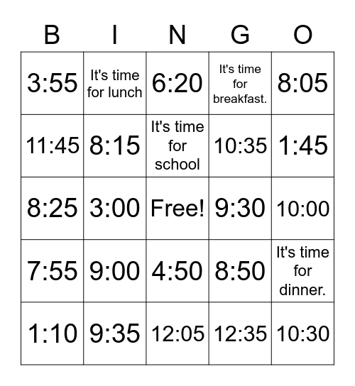 Lesson 6: What Time Is It? Bingo Card