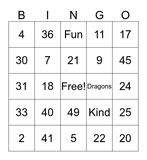 Snow Springs Family Night Bingo Card