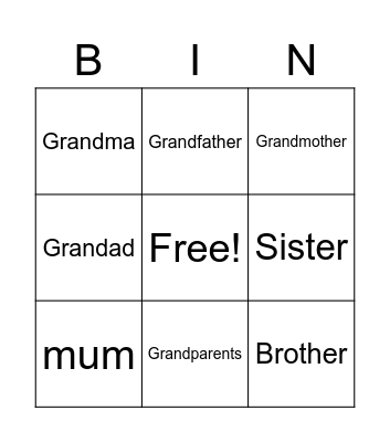 family member Bingo Card