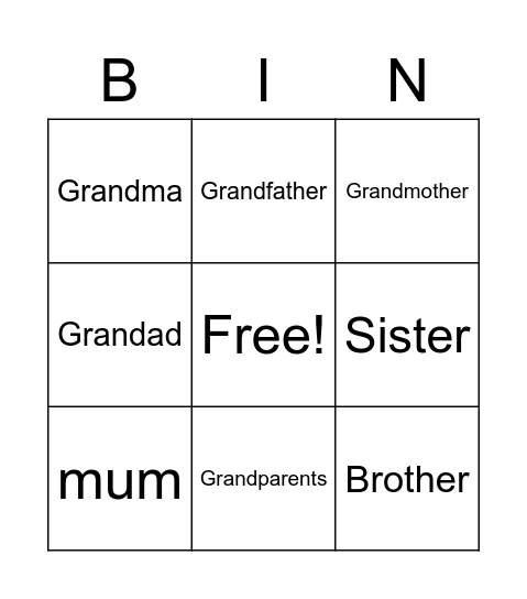 family member Bingo Card