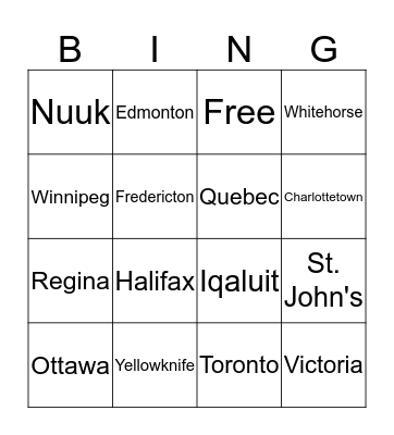 Canada Provinces & Capitals Bingo Card