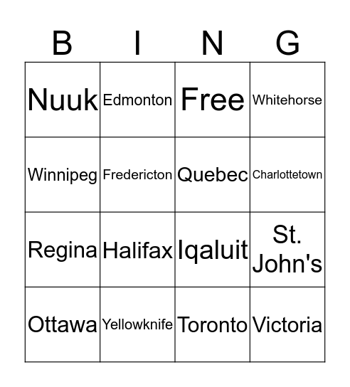 Canada Provinces & Capitals Bingo Card