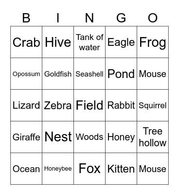 Animals and their homes Bingo Card