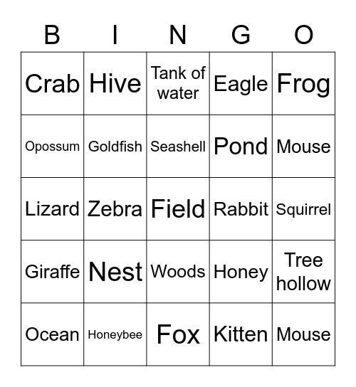 Animals and their homes Bingo Card
