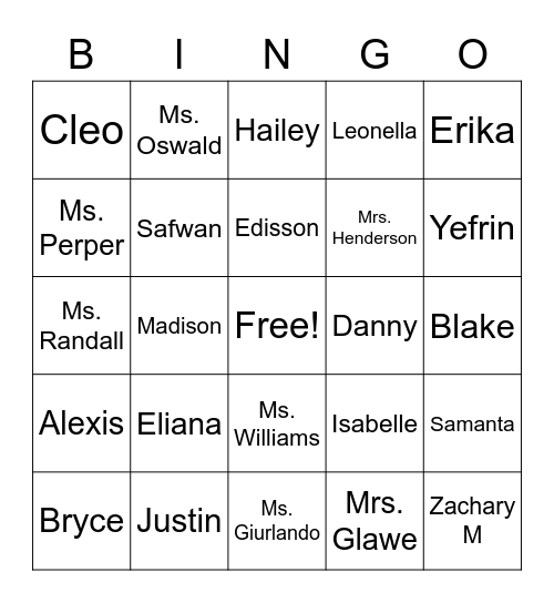 Our Class Bingo Card